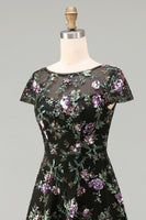 Load image into Gallery viewer, Floral Boat Neck Long A Line Sparkly Black Long Mother of the Bride Dress