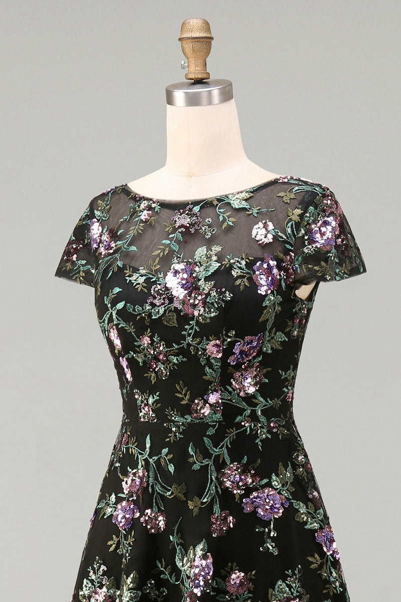 Load image into Gallery viewer, Floral Boat Neck Long A Line Sparkly Black Long Mother of the Bride Dress