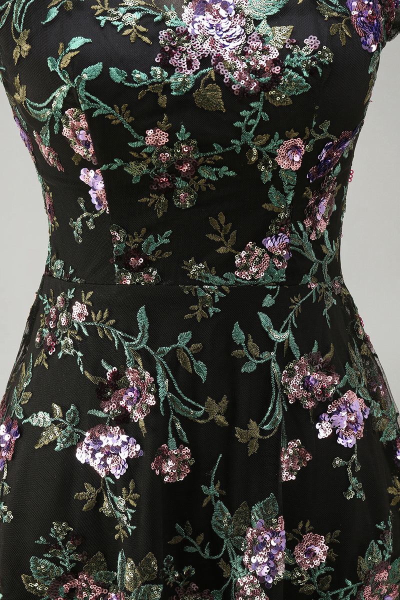 Load image into Gallery viewer, Floral Boat Neck Long A Line Sparkly Black Long Mother of the Bride Dress