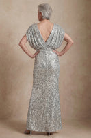 Load image into Gallery viewer, Sparkly Silver V Neck Sequin Mermaid Long Mother of the Bride Dress