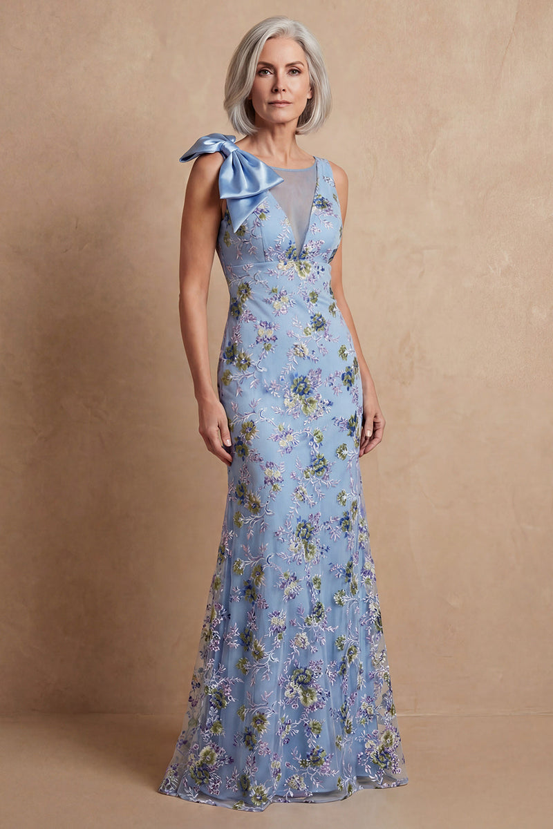Load image into Gallery viewer, Floral Blue Mermaid Long Mother of the Bride Dress with Bow