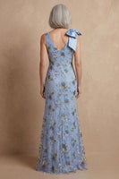 Load image into Gallery viewer, Floral Blue Mermaid Long Mother of the Bride Dress with Bow