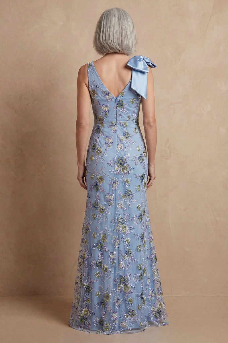 Load image into Gallery viewer, Floral Blue Mermaid Long Mother of the Bride Dress with Bow
