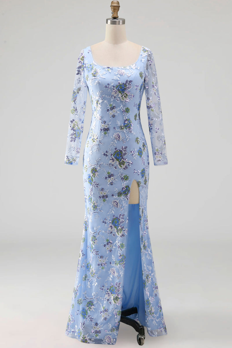 Load image into Gallery viewer, Blue Scoop Neck Long Floral Mermaid Mother Of the Bride Dress with Slit