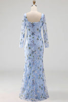 Load image into Gallery viewer, Blue Scoop Neck Long Floral Mermaid Mother Of the Bride Dress with Slit