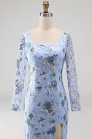 Load image into Gallery viewer, Blue Scoop Neck Long Floral Mermaid Mother Of the Bride Dress with Slit
