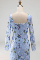 Load image into Gallery viewer, Blue Scoop Neck Long Floral Mermaid Mother Of the Bride Dress with Slit