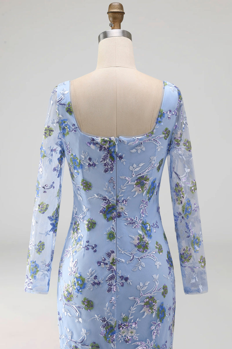 Load image into Gallery viewer, Blue Scoop Neck Long Floral Mermaid Mother Of the Bride Dress with Slit
