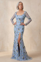 Load image into Gallery viewer, Blue Scoop Neck Long Floral Mermaid Mother Of the Bride Dress with Slit