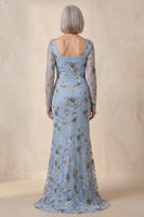 Load image into Gallery viewer, Blue Scoop Neck Long Floral Mermaid Mother Of the Bride Dress with Slit