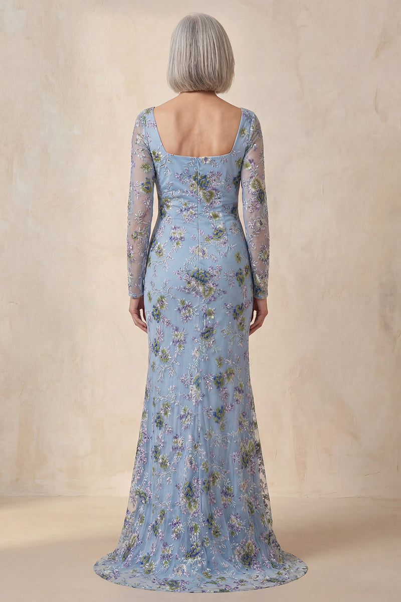 Load image into Gallery viewer, Blue Scoop Neck Long Floral Mermaid Mother Of the Bride Dress with Slit