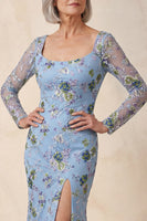 Load image into Gallery viewer, Blue Scoop Neck Long Floral Mermaid Mother Of the Bride Dress with Slit
