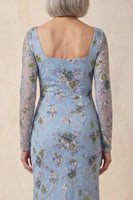 Load image into Gallery viewer, Blue Scoop Neck Long Floral Mermaid Mother Of the Bride Dress with Slit