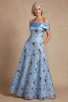 Load image into Gallery viewer, Blue Off the Shoulder Floral Long A Line Mother of the Bride Dress
