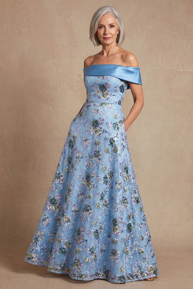 Load image into Gallery viewer, Blue Off the Shoulder Floral Long A Line Mother of the Bride Dress