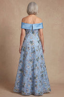 Load image into Gallery viewer, Blue Off the Shoulder Floral Long A Line Mother of the Bride Dress