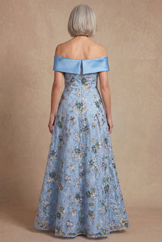 Blue Off the Shoulder Floral Long A Line Mother of the Bride Dress