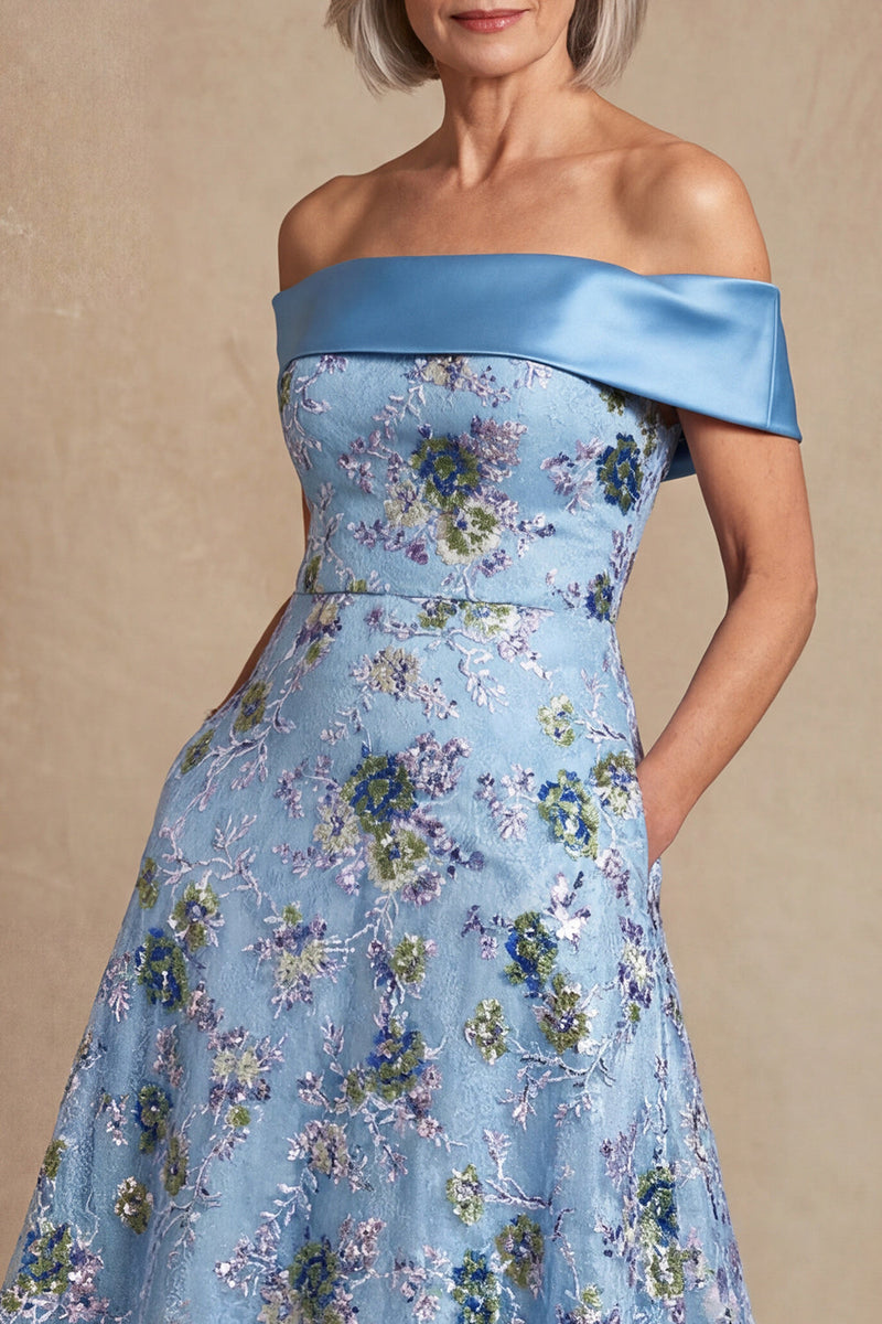 Load image into Gallery viewer, Blue Off the Shoulder Floral Long A Line Mother of the Bride Dress