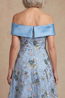 Load image into Gallery viewer, Blue Off the Shoulder Floral Long A Line Mother of the Bride Dress
