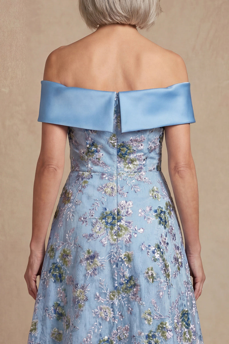 Load image into Gallery viewer, Blue Off the Shoulder Floral Long A Line Mother of the Bride Dress