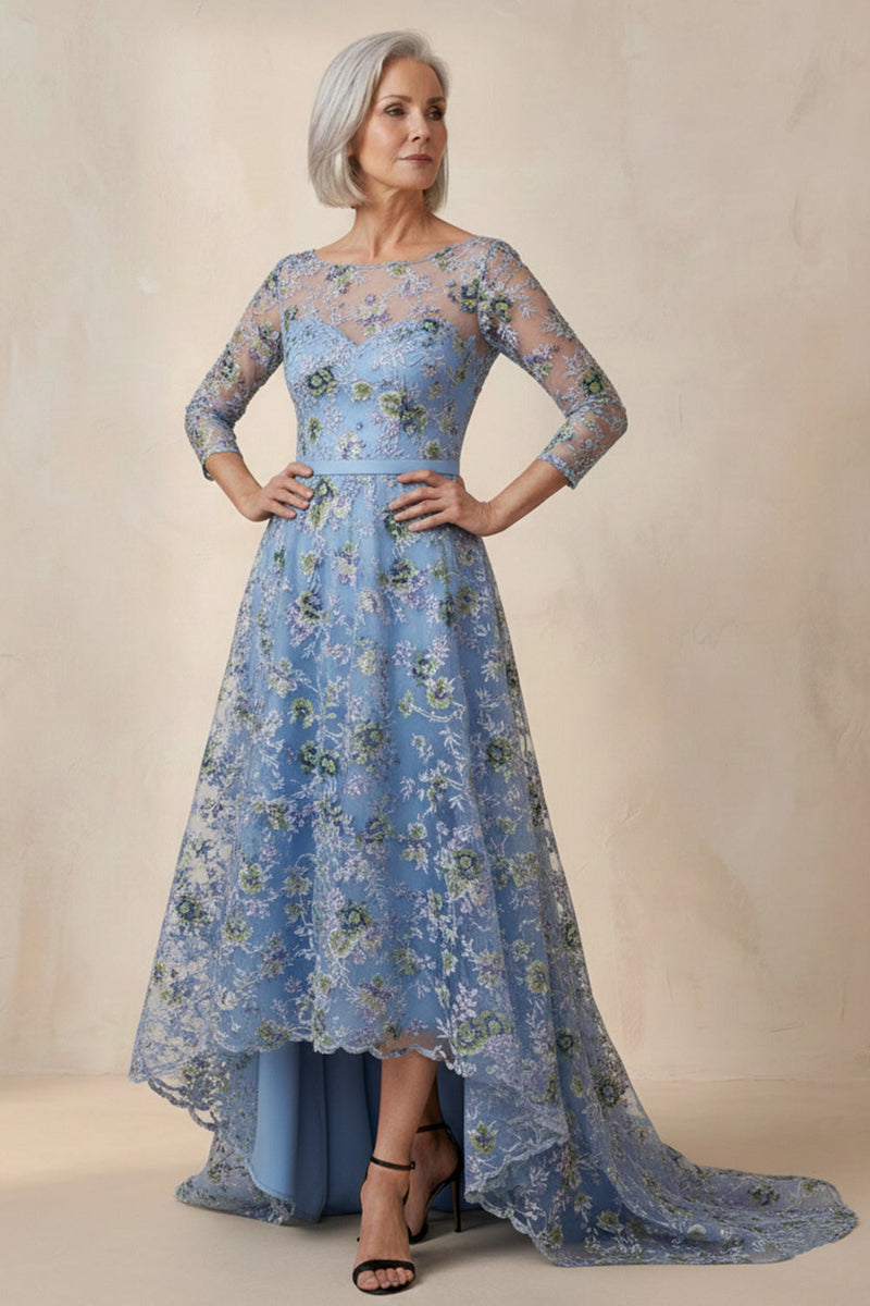 Load image into Gallery viewer, Blue Floral Boat Neck A Line High Low Mother of the Bride Dress with Sleeves