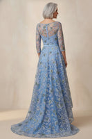 Load image into Gallery viewer, Blue Floral Boat Neck A Line High Low Mother of the Bride Dress with Sleeves