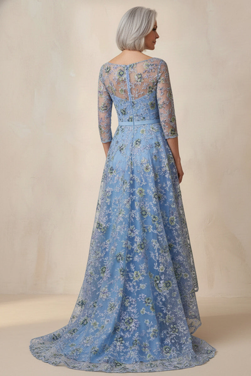 Load image into Gallery viewer, Blue Floral Boat Neck A Line High Low Mother of the Bride Dress with Sleeves