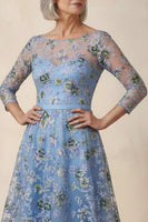 Load image into Gallery viewer, Blue Floral Boat Neck A Line High Low Mother of the Bride Dress with Sleeves