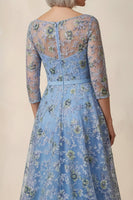 Load image into Gallery viewer, Blue Floral Boat Neck A Line High Low Mother of the Bride Dress with Sleeves