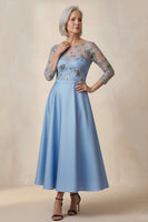 Load image into Gallery viewer, Blue Floral A Line Round Neck Long Mother of the Bride Dress