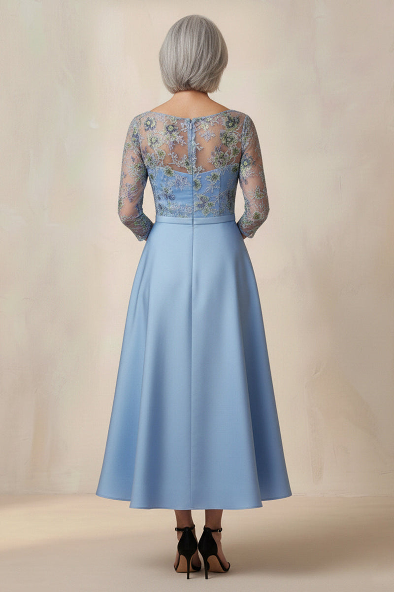 Load image into Gallery viewer, Blue Floral A Line Round Neck Long Mother of the Bride Dress
