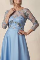 Load image into Gallery viewer, Blue Floral A Line Round Neck Long Mother of the Bride Dress