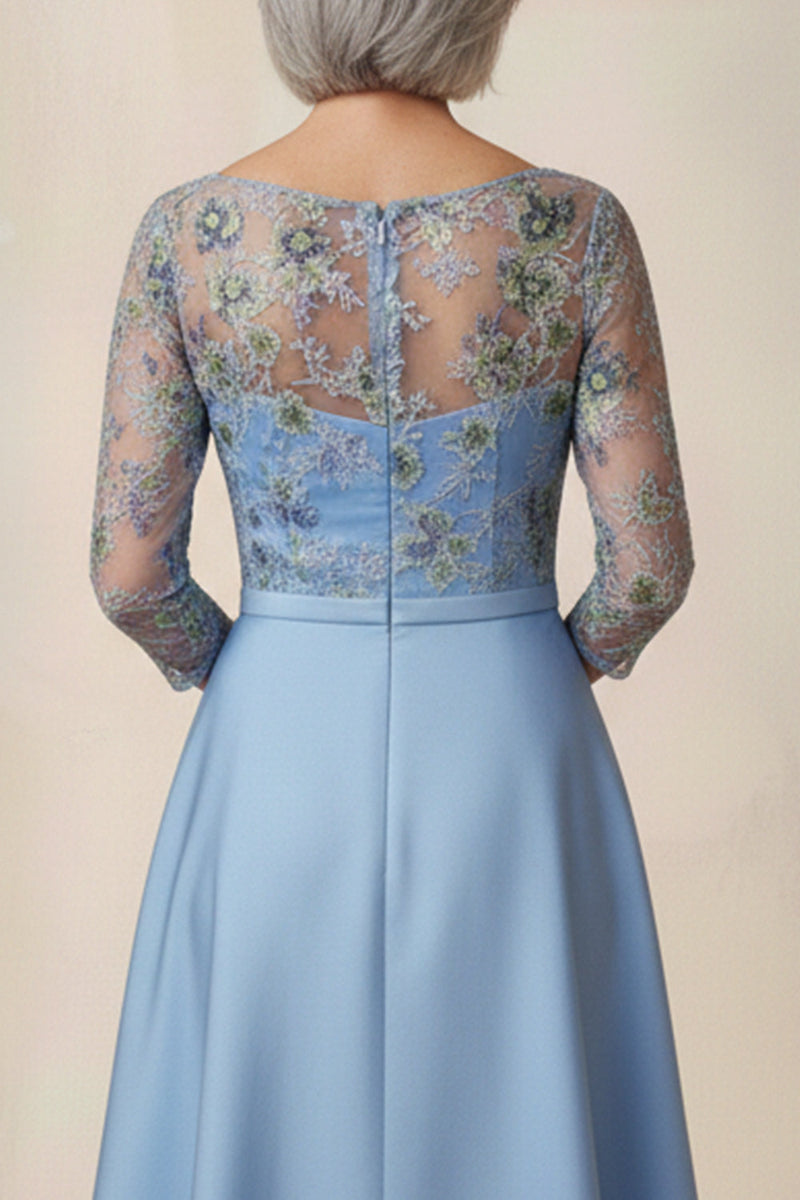 Load image into Gallery viewer, Blue Floral A Line Round Neck Long Mother of the Bride Dress