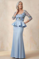 Load image into Gallery viewer, Scoop Neck Blue Floral Mermaid Ruffled Long Mother of the Bride Dress with Sleeves