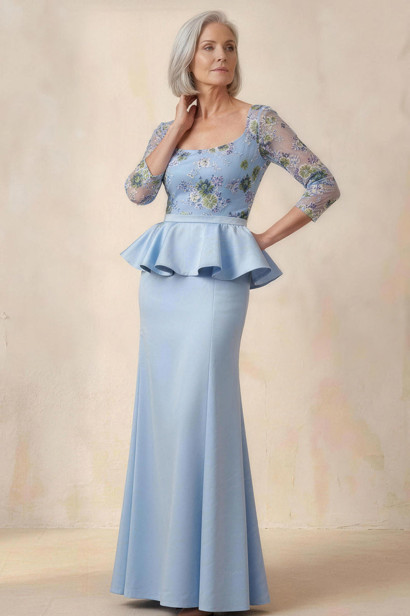 Load image into Gallery viewer, Scoop Neck Blue Floral Mermaid Ruffled Long Mother of the Bride Dress with Sleeves