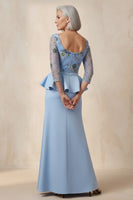 Load image into Gallery viewer, Scoop Neck Blue Floral Mermaid Ruffled Long Mother of the Bride Dress with Sleeves