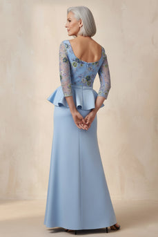 Scoop Neck Blue Floral Mermaid Ruffled Long Mother of the Bride Dress with Sleeves