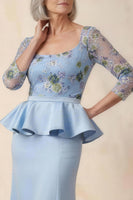 Load image into Gallery viewer, Scoop Neck Blue Floral Mermaid Ruffled Long Mother of the Bride Dress with Sleeves