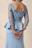 Load image into Gallery viewer, Scoop Neck Blue Floral Mermaid Ruffled Long Mother of the Bride Dress with Sleeves