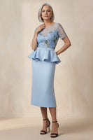 Load image into Gallery viewer, Round Neck Blue Sheath Floral Ruffled Midi Mother of the Bride Dress with Sleeves