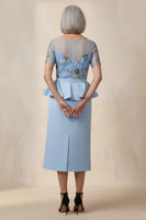 Load image into Gallery viewer, Round Neck Blue Sheath Floral Ruffled Midi Mother of the Bride Dress with Sleeves