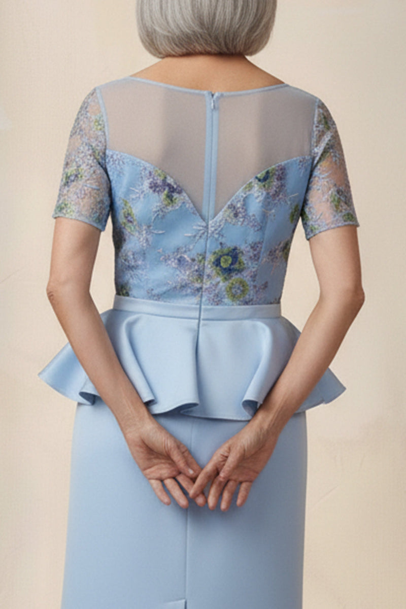 Load image into Gallery viewer, Round Neck Blue Sheath Floral Ruffled Midi Mother of the Bride Dress with Sleeves