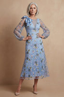 Load image into Gallery viewer, Blue Floral A Line Long Mother of the Bride Dress with Bow