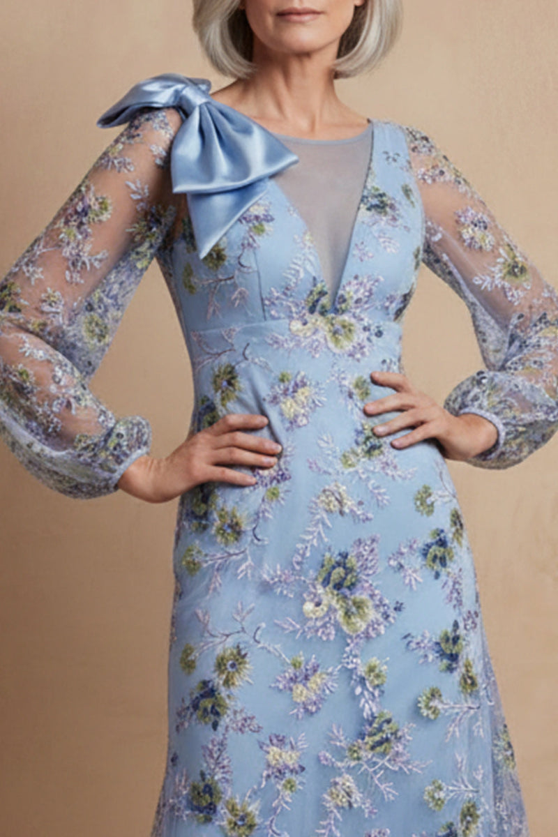 Load image into Gallery viewer, Blue Floral A Line Long Mother of the Bride Dress with Bow
