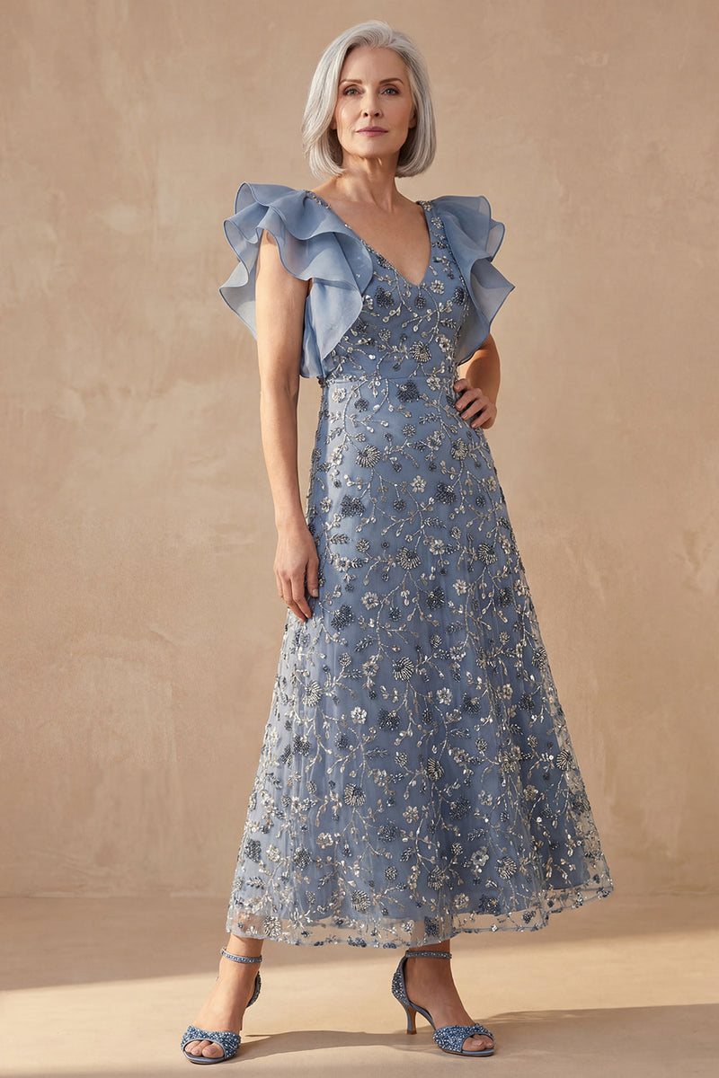 Load image into Gallery viewer, Twilight Floral V Neck A Line Long Mother of the Bride Dress with Ruffles