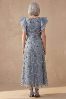 Twilight Floral V Neck A Line Long Mother of the Bride Dress with Ruffles