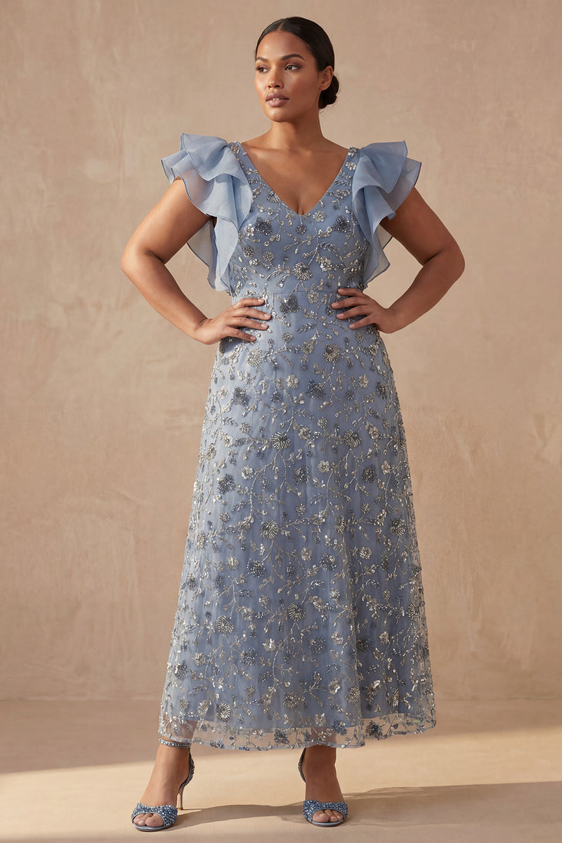 Load image into Gallery viewer, Twilight Floral V Neck A Line Long Mother of the Bride Dress with Ruffles