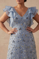 Load image into Gallery viewer, Twilight Floral V Neck A Line Long Mother of the Bride Dress with Ruffles