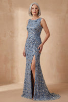 Load image into Gallery viewer, Boat Neck Floral Twilight Mermaid Long Mother of the Bride Dress with Slit