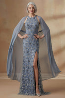 Load image into Gallery viewer, Mermaid Twilight Round Neck Floral Long Mother of the Bride Dress with Cape